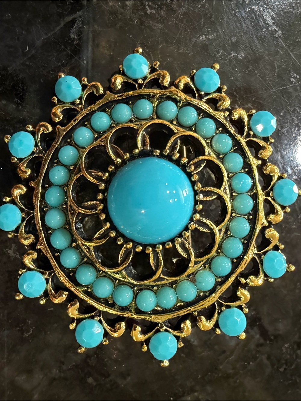 Turquoise Gold-Tone Filigree Statement Brooch